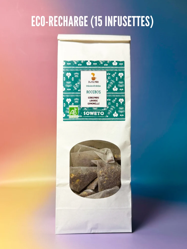 SOWETO (Rooibos-Gingembre-Lavande-Camomille) Nos Infusions Des Infusions Africaines Inspirées des Traditions Ancestrales SOWETO (Rooibos-Gingembre-Lavande-Camomille) Nos Infusions Des Infusions Africaines Inspirées des Traditions Ancestrales